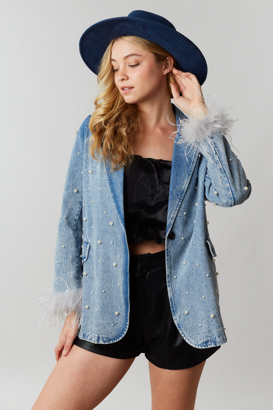 Posh Pearl Denim Blazer